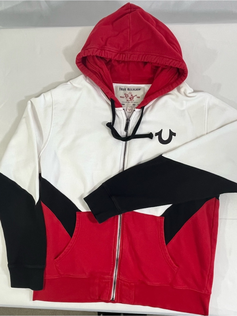 2XL True Religion Chevron Zip Hoodie Red White Black Colorblock Jacket
